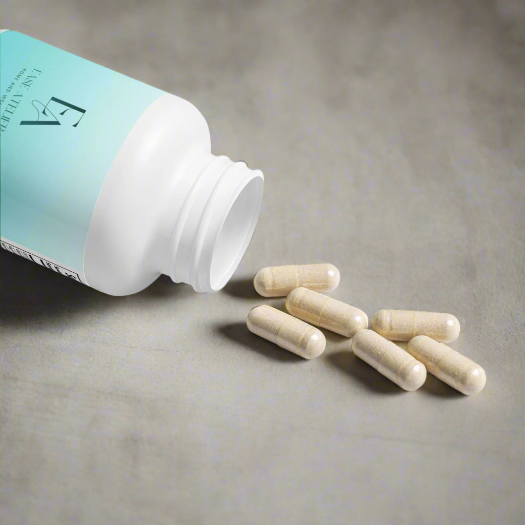 Open supplement bottle with wooden capsules on a white background