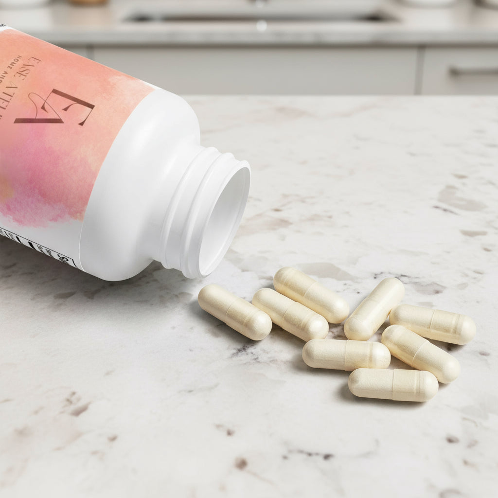 Pink and white supplement bottle with capsules on a light gray background