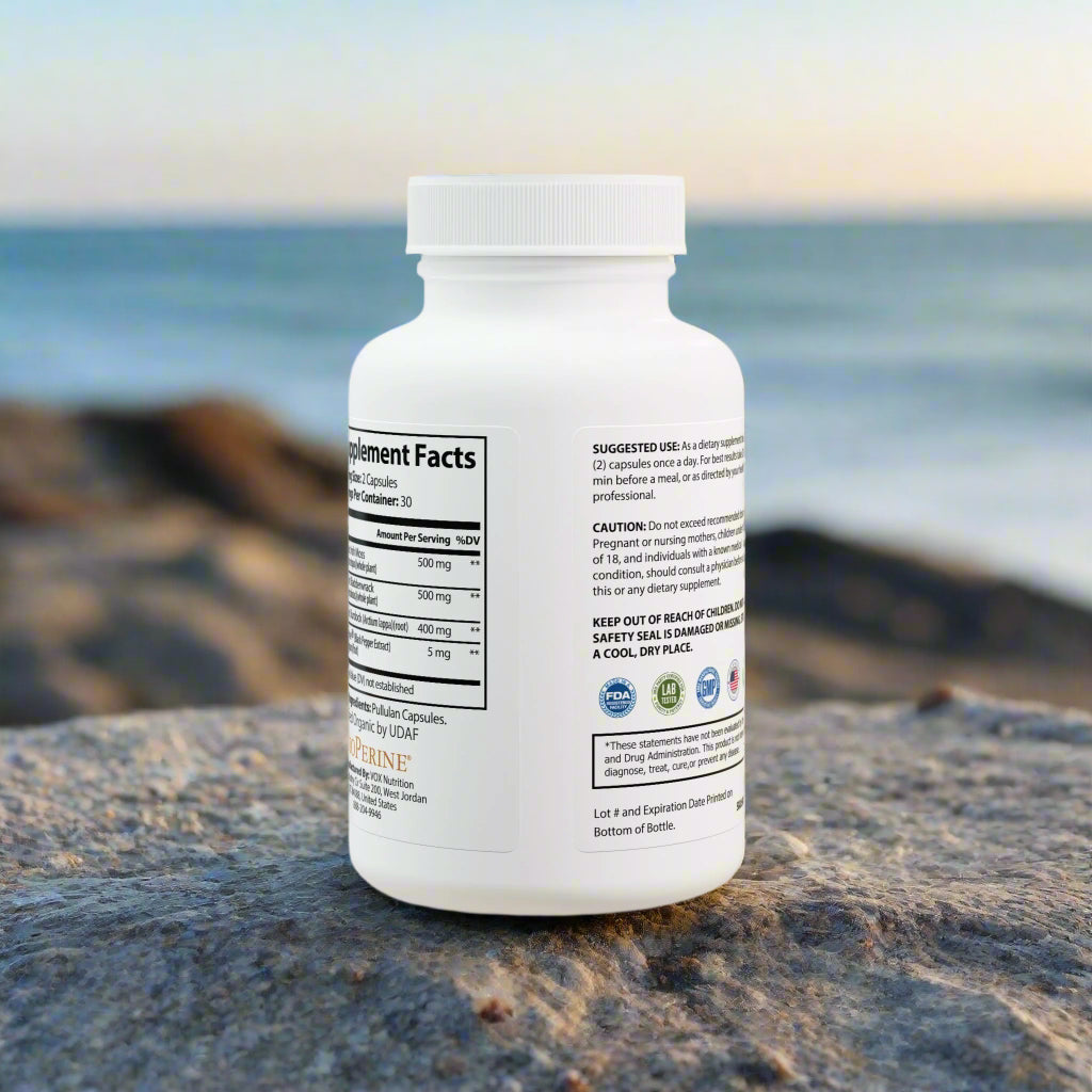 Supplement bottle with label on a white background