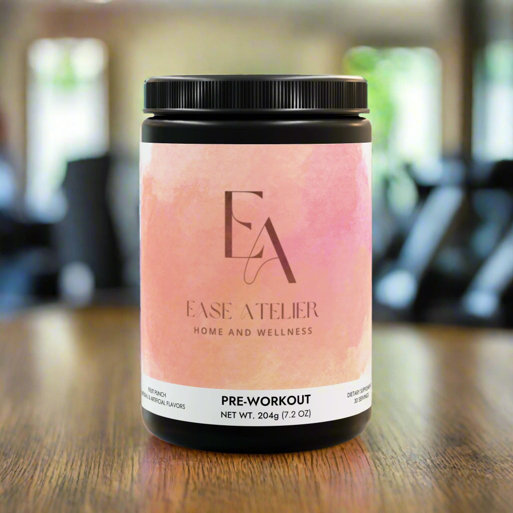 Container of Ease Açtelier pre-workout supplement with pink label on white background