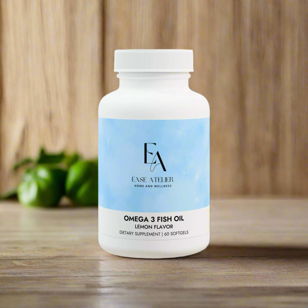 Omega 3 Fish Oil supplement bottle with blue label on a white background