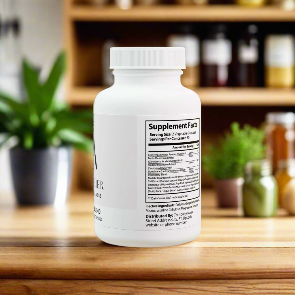 White supplement bottle with label on a white background