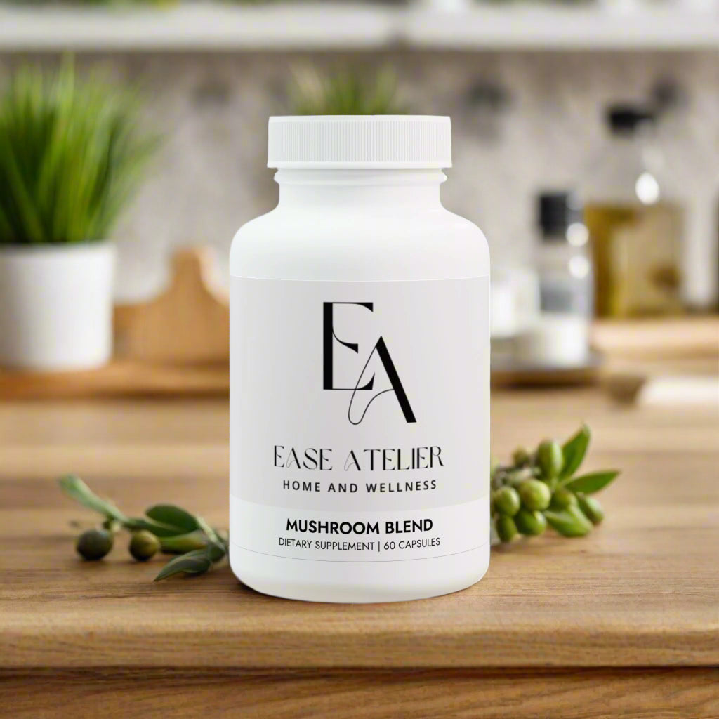White supplement bottle labeled 'Ease Atelier' on a white background