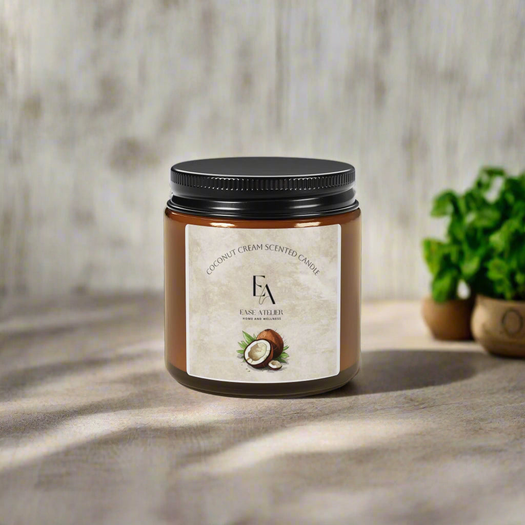 Coconut Cream Scented Soy Candle | Amber Jar Decor for Home, Relaxation, Gift for Mom, Cozy Vibes, Self-Care Essentials