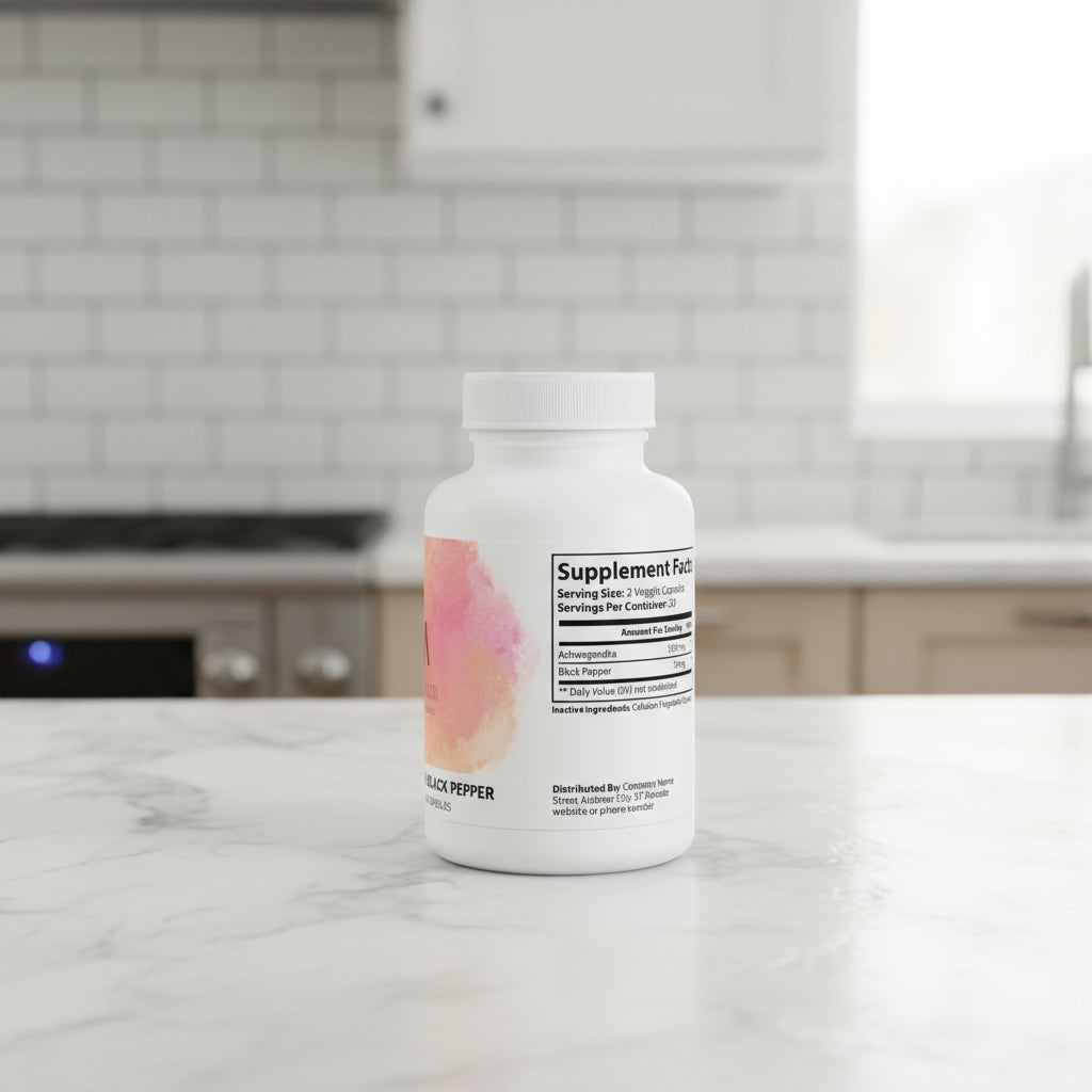 Supplement bottle with colorful label on a white background
