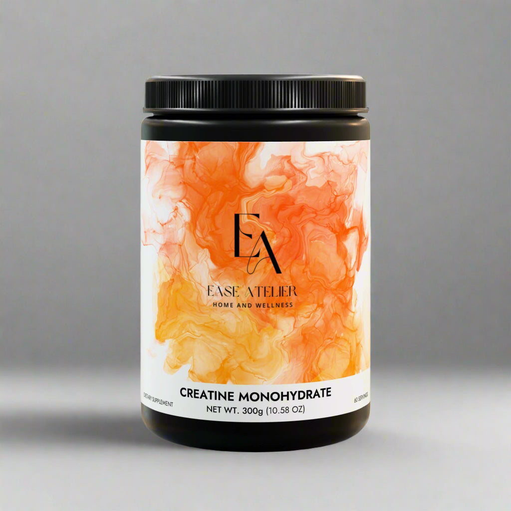 Container of Creatine Monohydrate with orange and white label on a white background