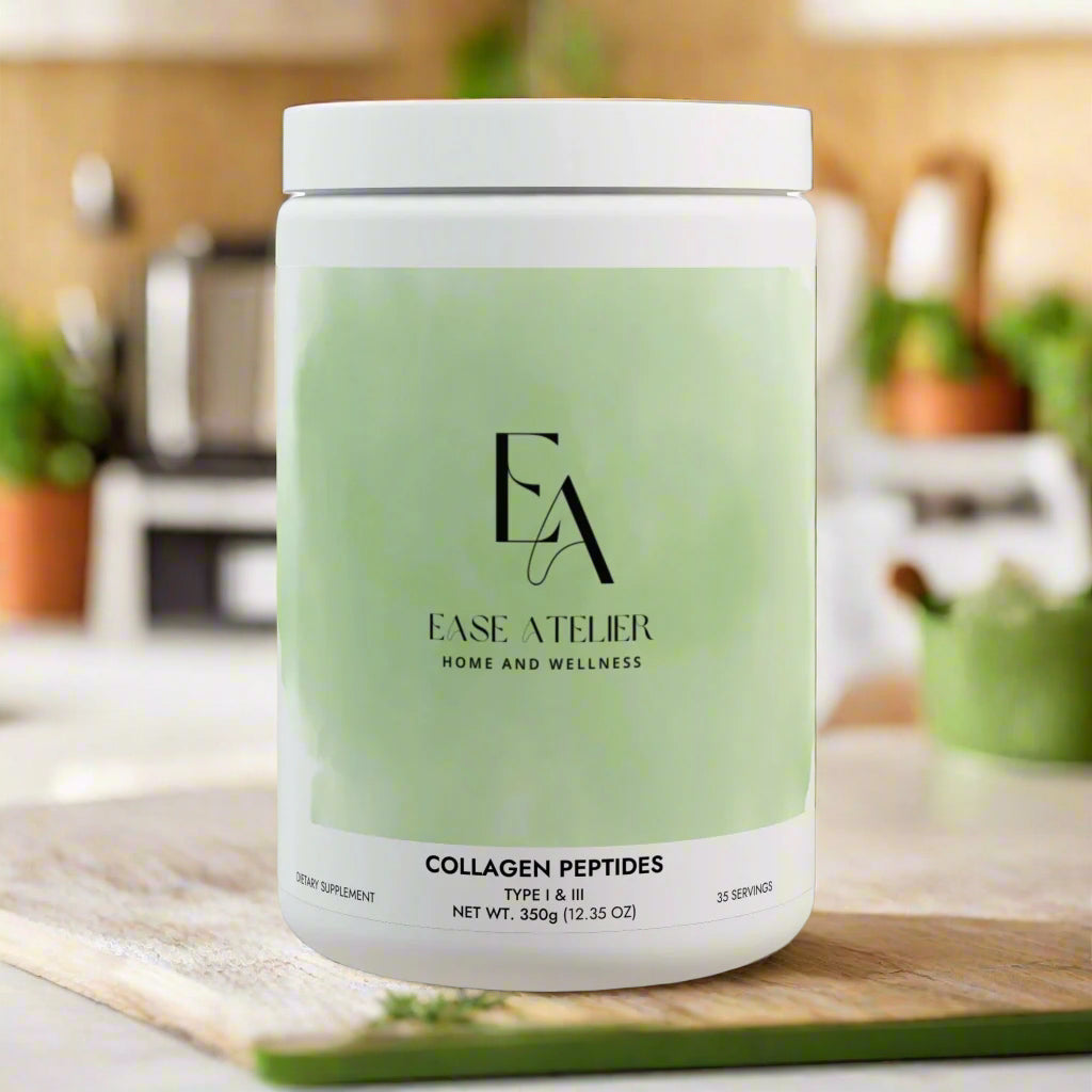 Collagen peptides container with 'Ease Atelier' branding on a white background