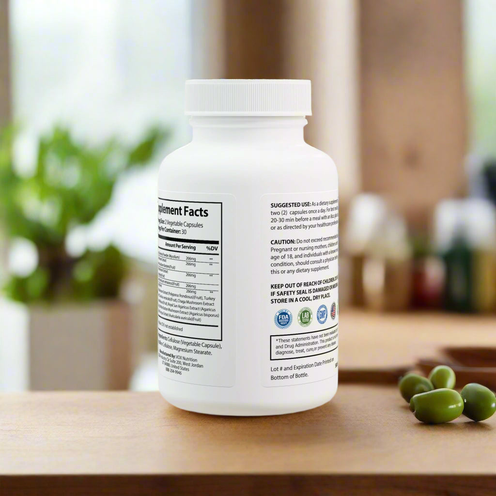 Supplement bottle with label on a white background