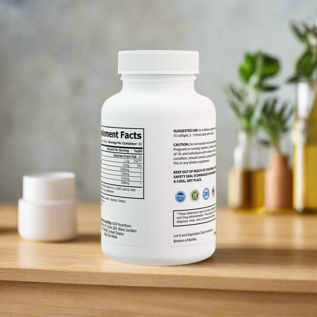 Supplement bottle with label on a white background