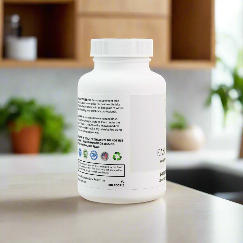 White supplement bottle with label on a white background