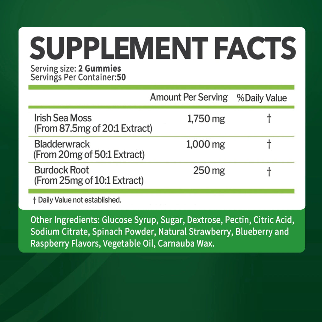 SEAMOSS Gummies - with Bladderwrack, Burdock Root - Immune Health, Healthier Skin & Hair, Detox - 100 Gummies