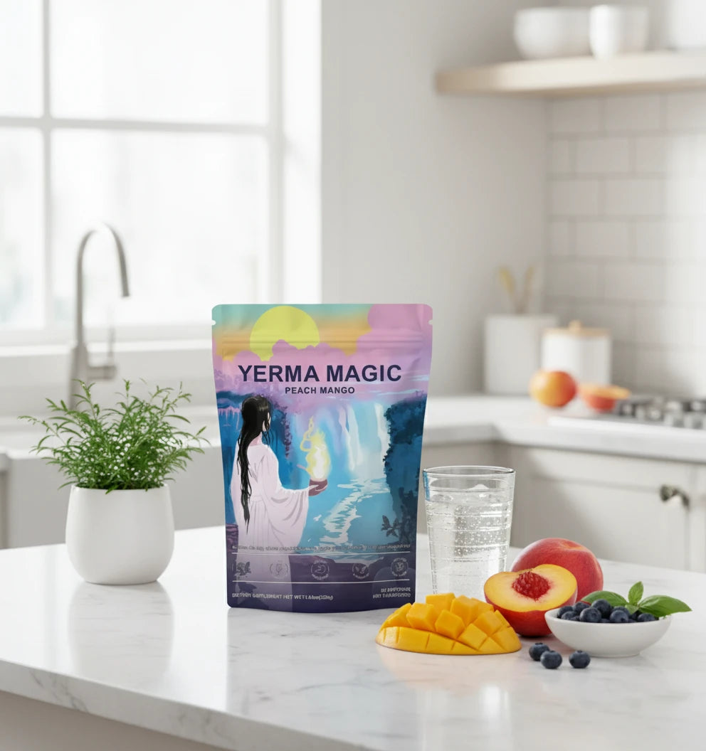 Yerma Magic peach mango dietary supplement package with colorful design