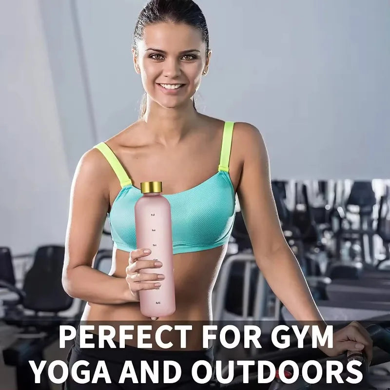 1L Water Bottle with Time Marker 32 OZ Fitness Sports Outdoor Travel Portable Leakproof Drinkware BPA Free Frosted Drink Bottles
