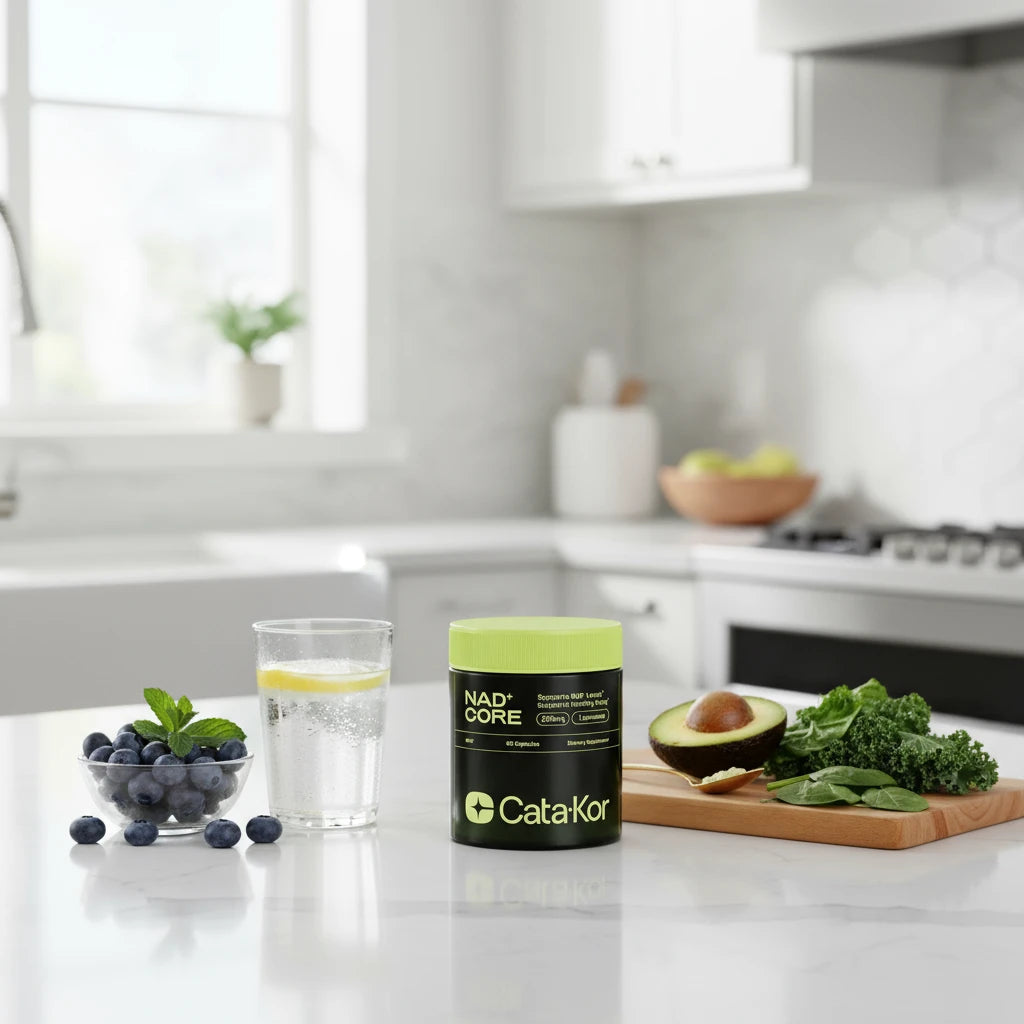 Supplement container labeled 'NAD+ Core' by Cata-Kor on a white background
