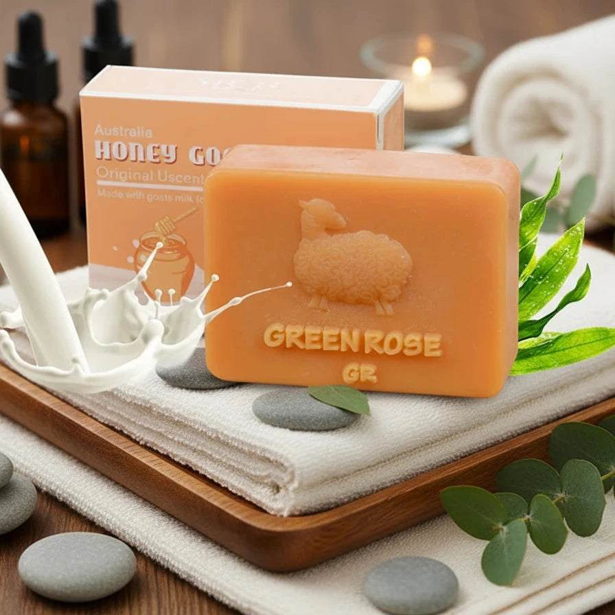 Green Rose honey goat soap with packaging and milk on a yellow background