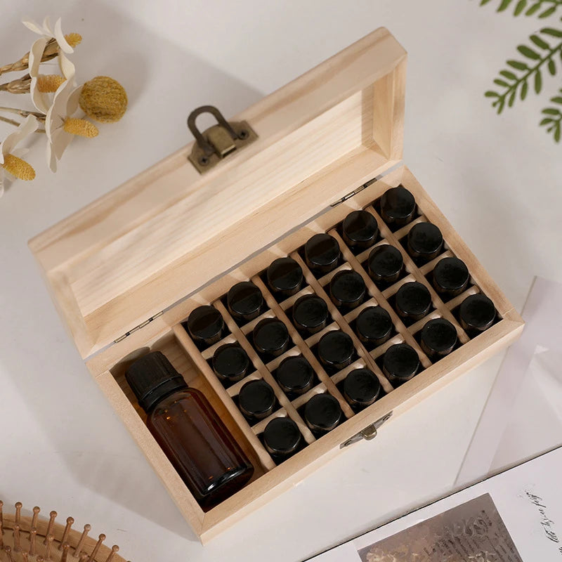 Large-Capacity Essential Oil Wooden Box - Pure Solid Wood, 25 Compartments for Secure Essential Oil Storage