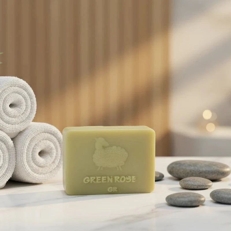 Green Rose soap bar with packaging and product details on a white background