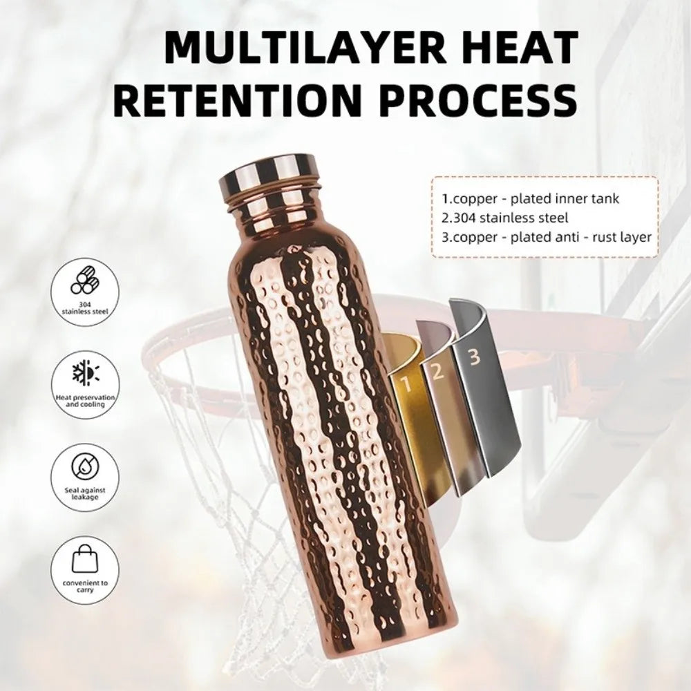 800ml Copper Water Bottle - Anti-Slip Silicone Base, One-Click Lid, Hammer Pattern, Thermal Insulation