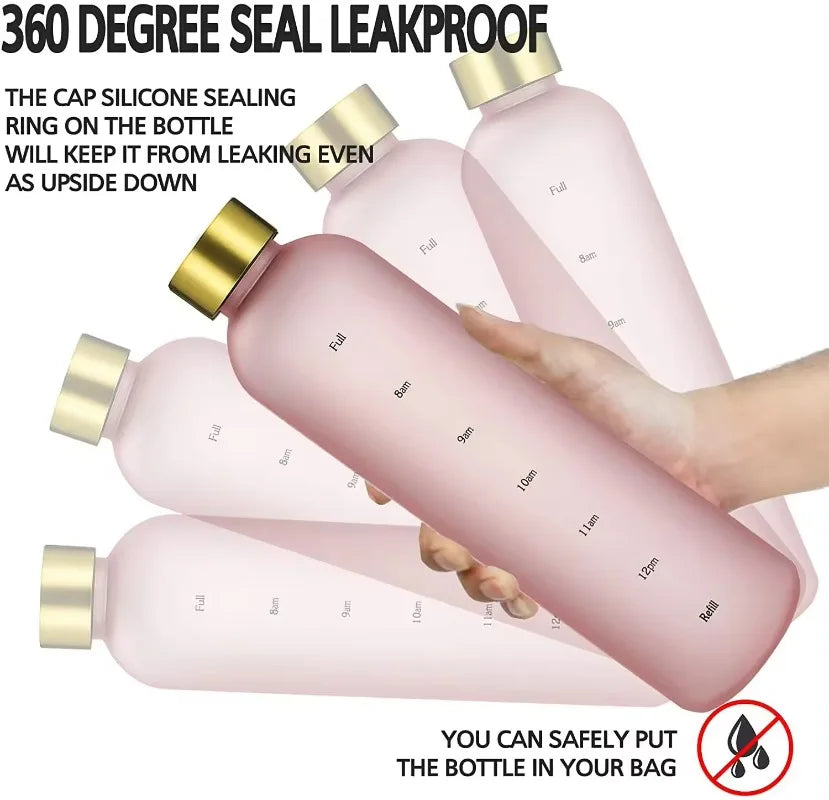 1L Water Bottle with Time Marker 32 OZ Fitness Sports Outdoor Travel Portable Leakproof Drinkware BPA Free Frosted Drink Bottles