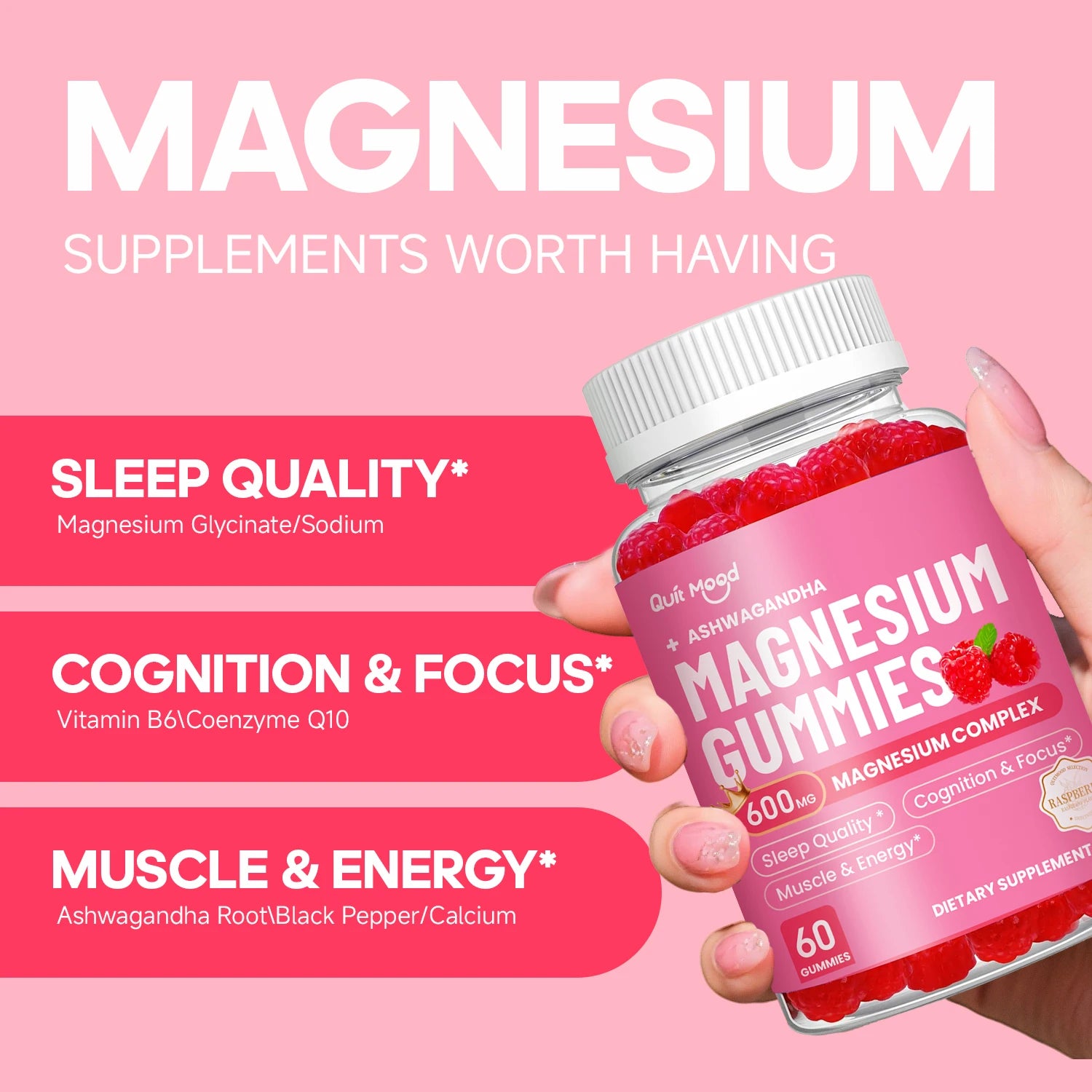 Quitmood Magnesium Glycinate Advanced Complex Gummies - With Ashwagandha, Magnesium, Calcium, VB6, CQ10 for Calm Support & Sleep