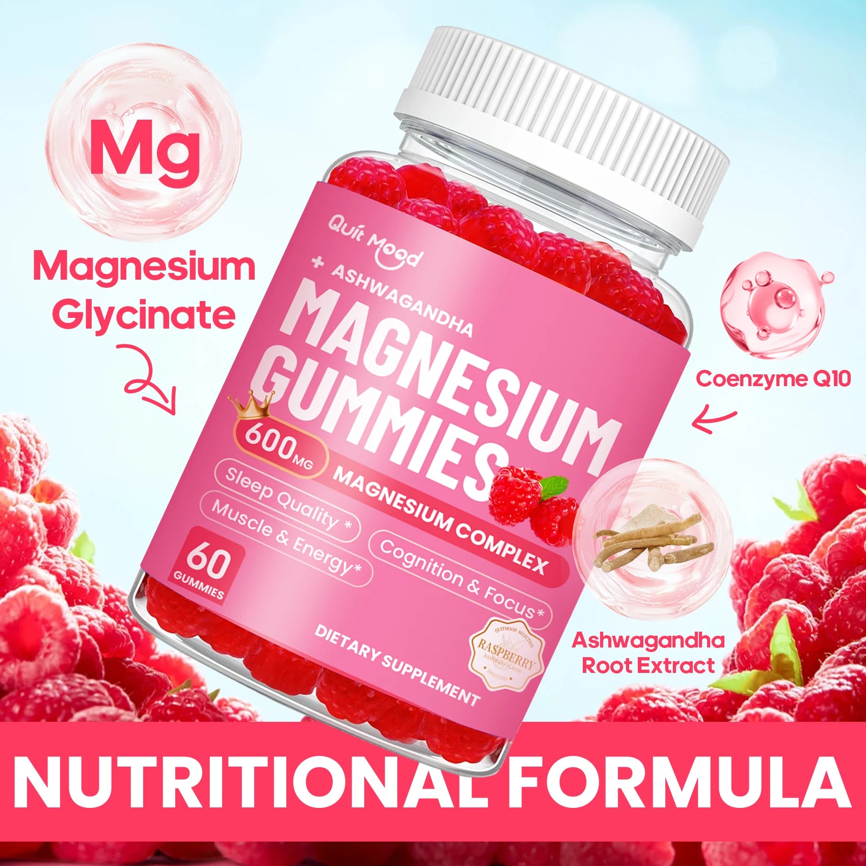 Quitmood Magnesium Glycinate Advanced Complex Gummies - With Ashwagandha, Magnesium, Calcium, VB6, CQ10 for Calm Support & Sleep
