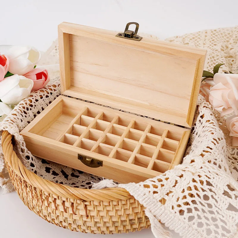 Large-Capacity Essential Oil Wooden Box - Pure Solid Wood, 25 Compartments for Secure Essential Oil Storage
